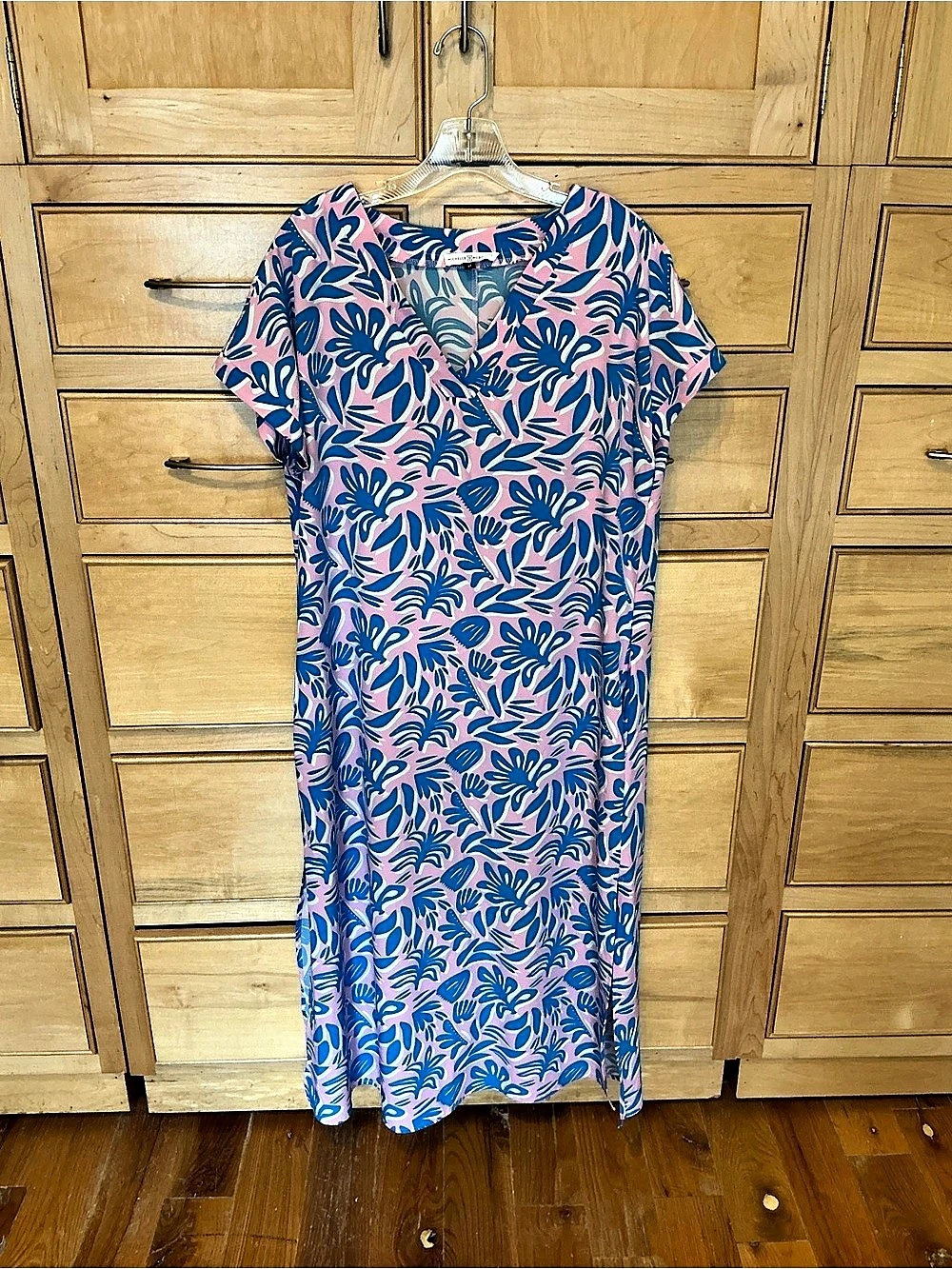 Michelle McDowell Floral Midi Dress Pink Blue White 46” long. Size Medium V neck